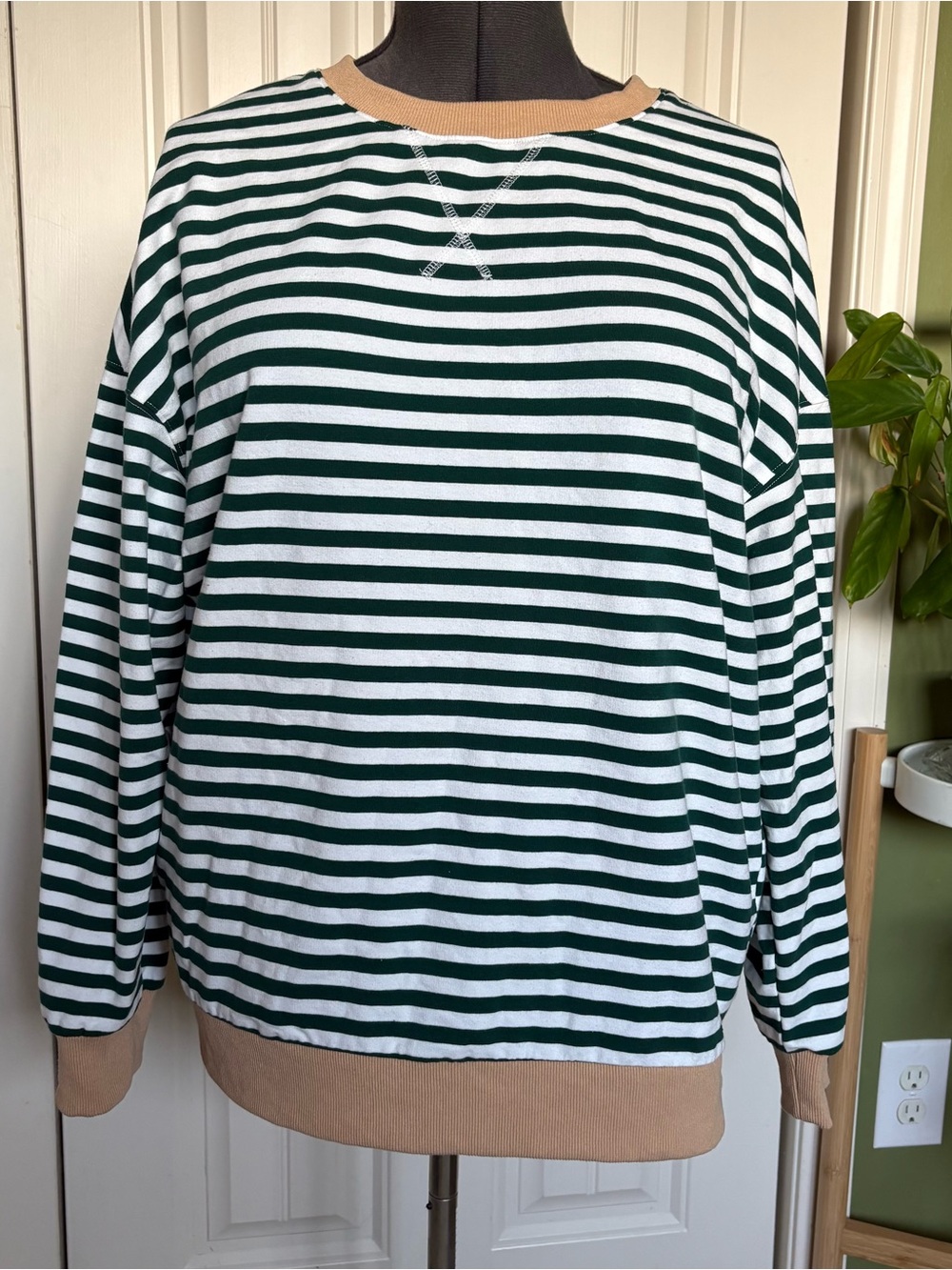 Striped Crewneck Shirt in Green and Cream with Tan Accents